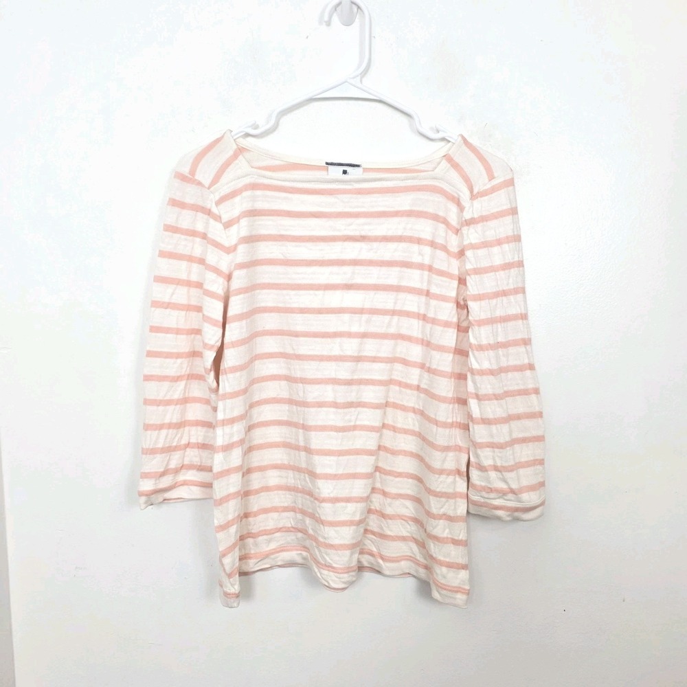 J. Jill White Coral Striped 3/4 Sleeve Cute Cottom Casual Top Size S Pet.
